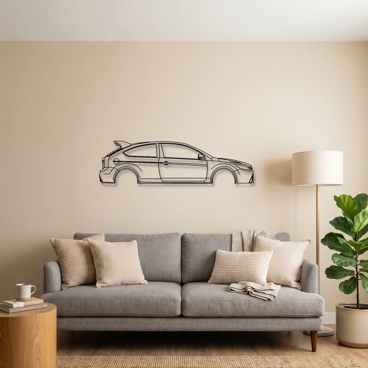 Ford Focus RS500 MK2 metal wall art above a sofa in a living room