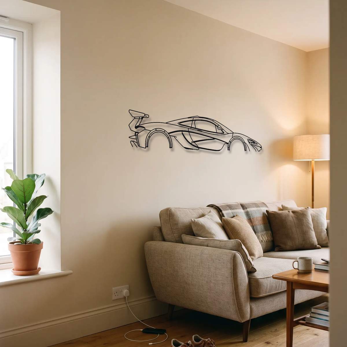 McLaren P1 GTR metal wall art above a sofa in a living room