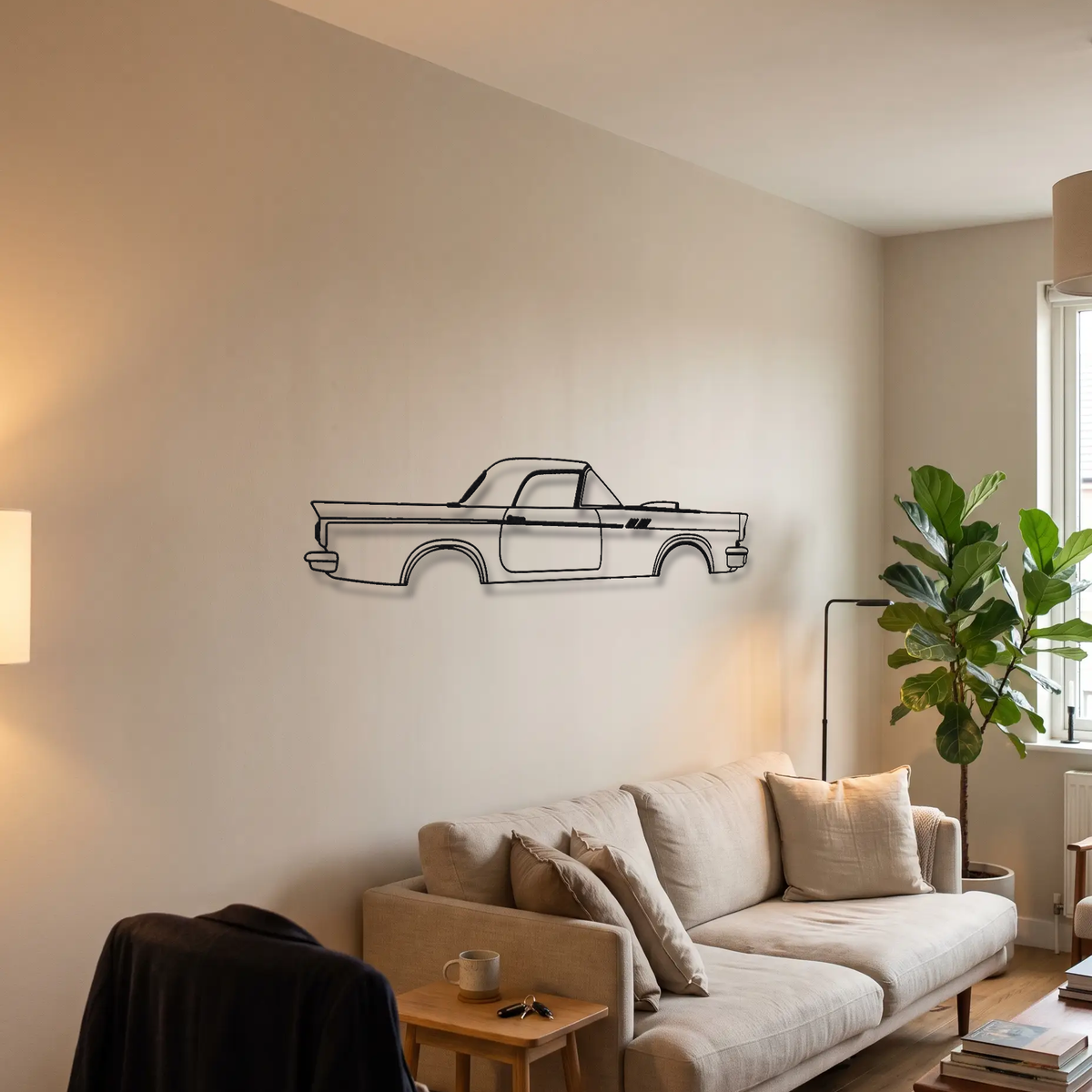 Ford Thunderbird Bullet Bird metal wall art above a sofa in a living room