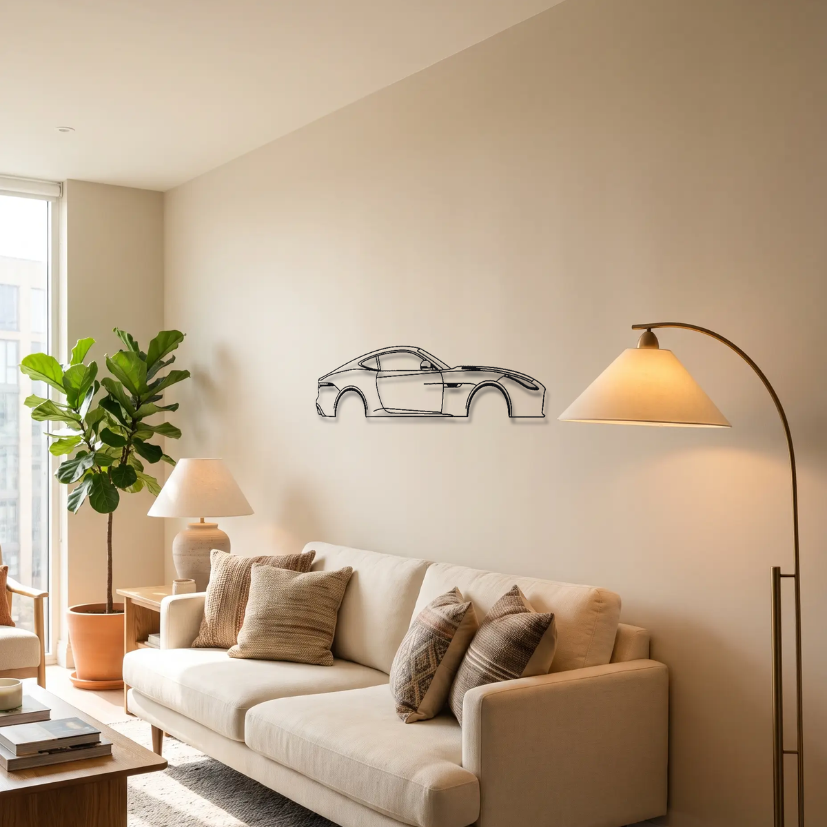 Jaguar F-Type Coupe Pre-Facelift metal wall art above a sofa in a living room