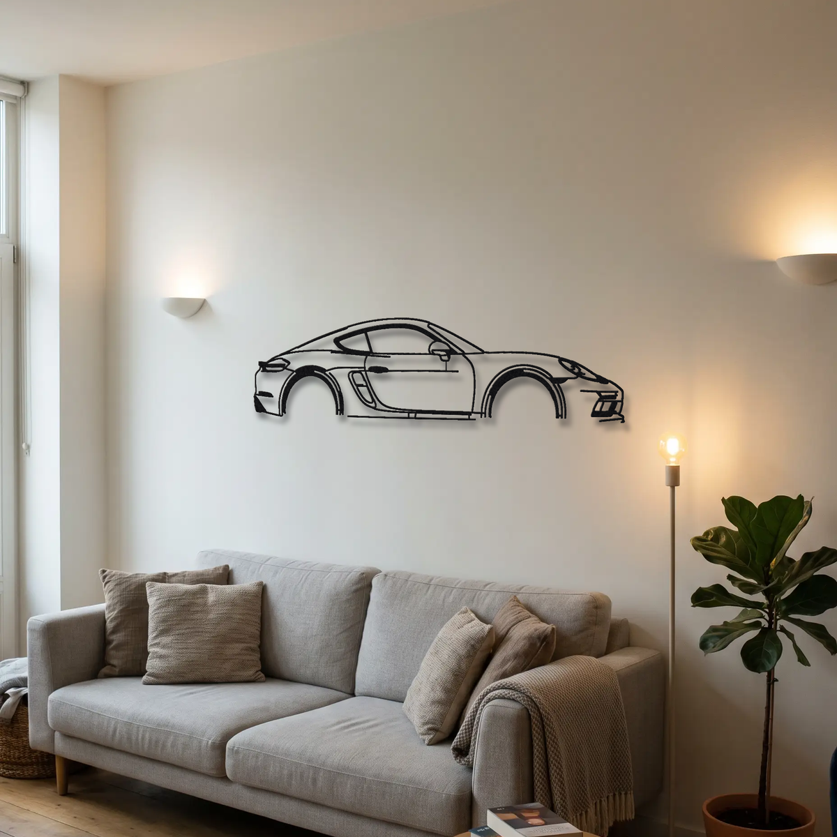 2020- Porsche 718 Cayman GTS 4.0 982 metal wall art above a sofa in a living room