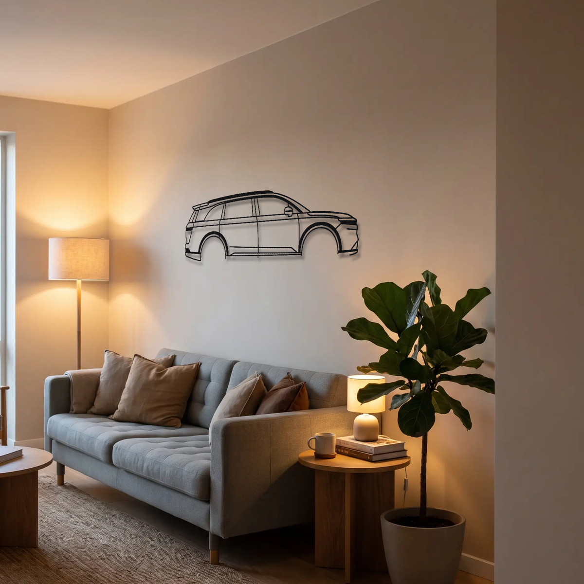 2025- Lucid Gravity metal wall art above a sofa in a living room