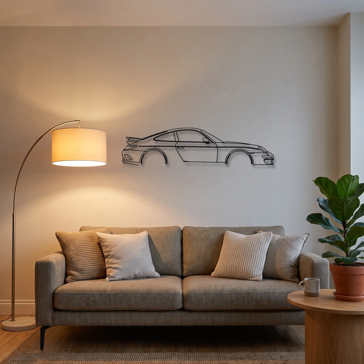 RUF RGT 996 metal wall art above a sofa in a living room