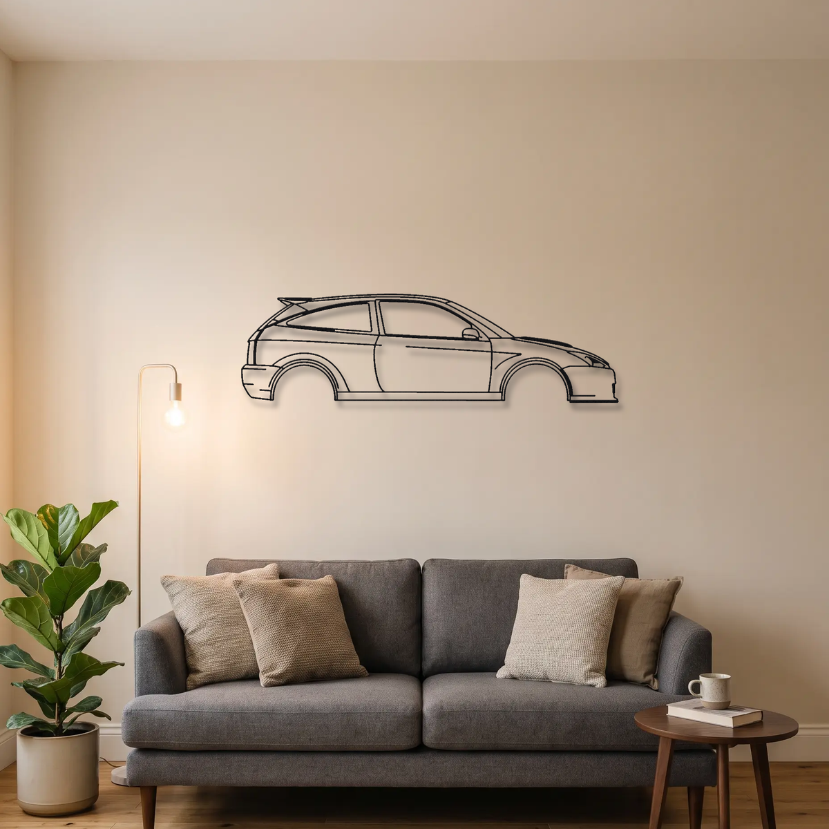 Ford Focus RS MK1 metal wall art above a sofa in a living room