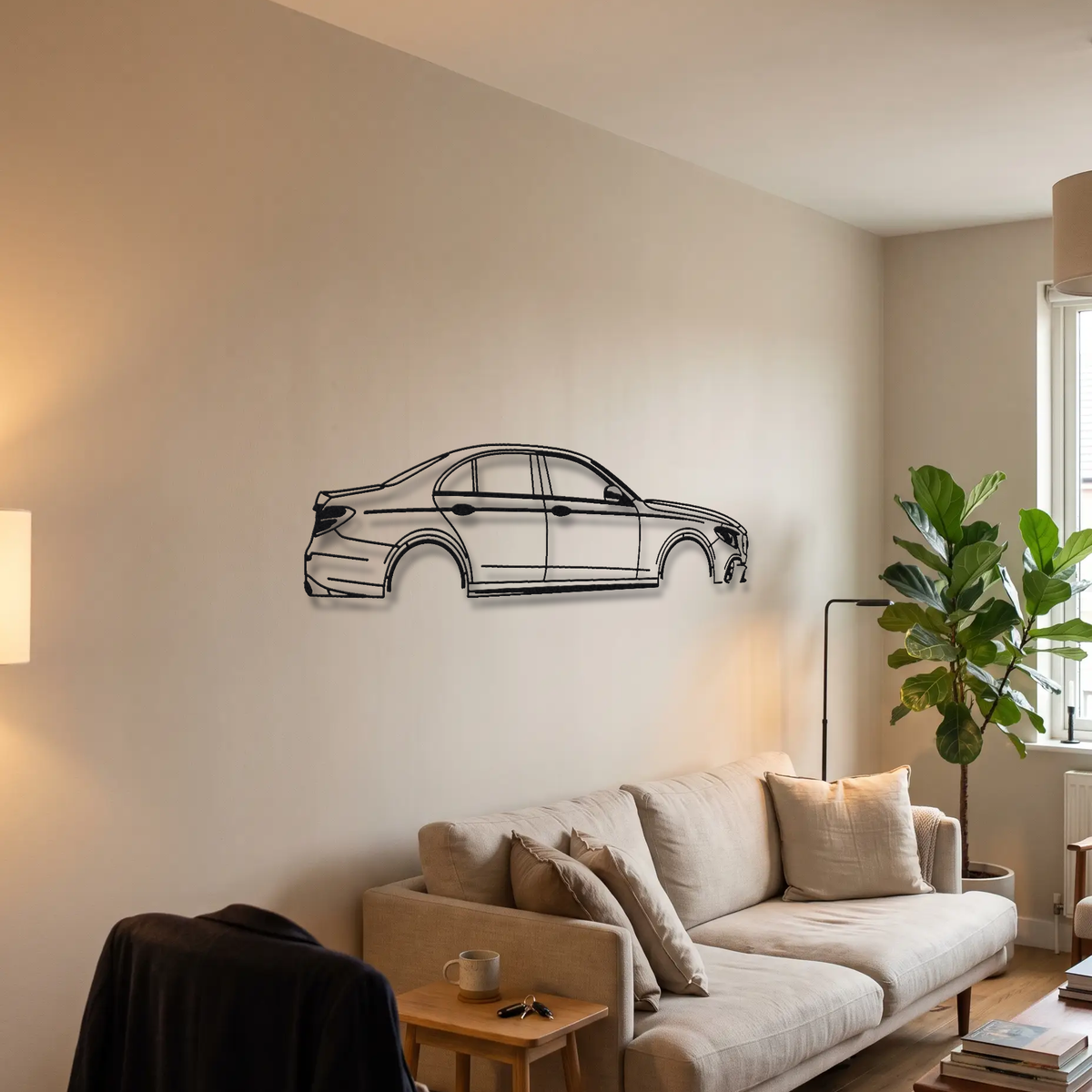 Mercedes-AMG E63 S W213 metal wall art above a sofa in a living room