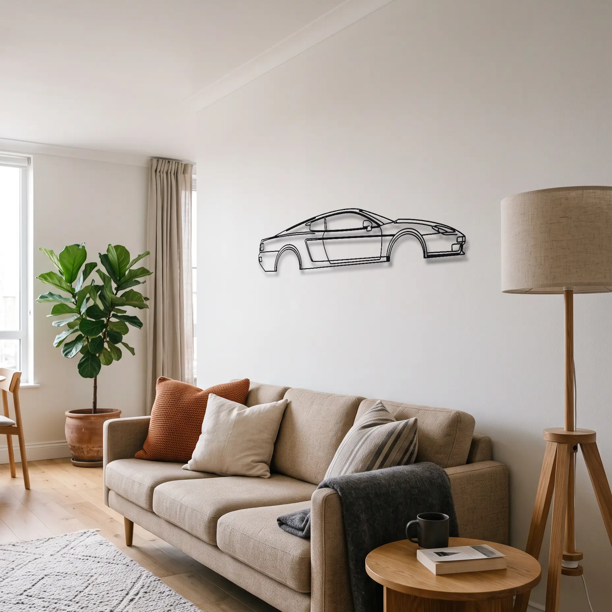 Vector M12 metal wall art above a sofa in a living room