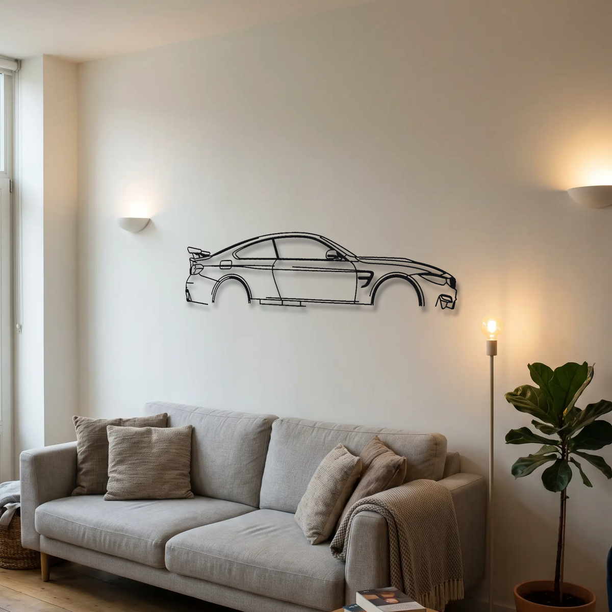BMW M4 GTS F82 metal wall art above a sofa in a living room