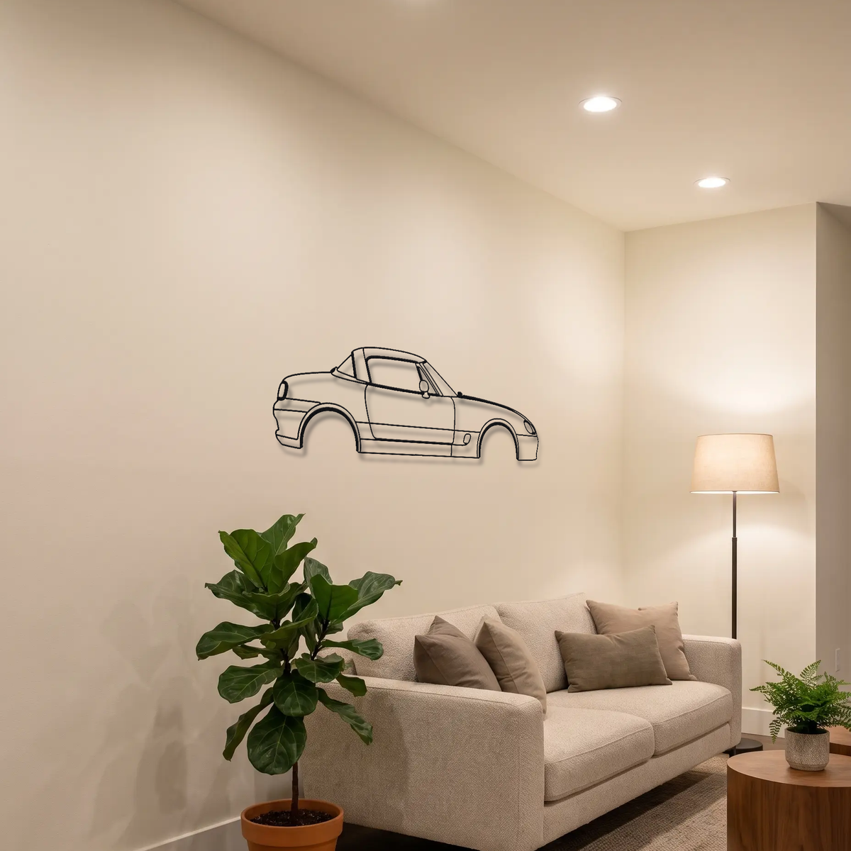 Suzuki Cappuccino EA11R/EA21R metal wall art above a sofa in a living room
