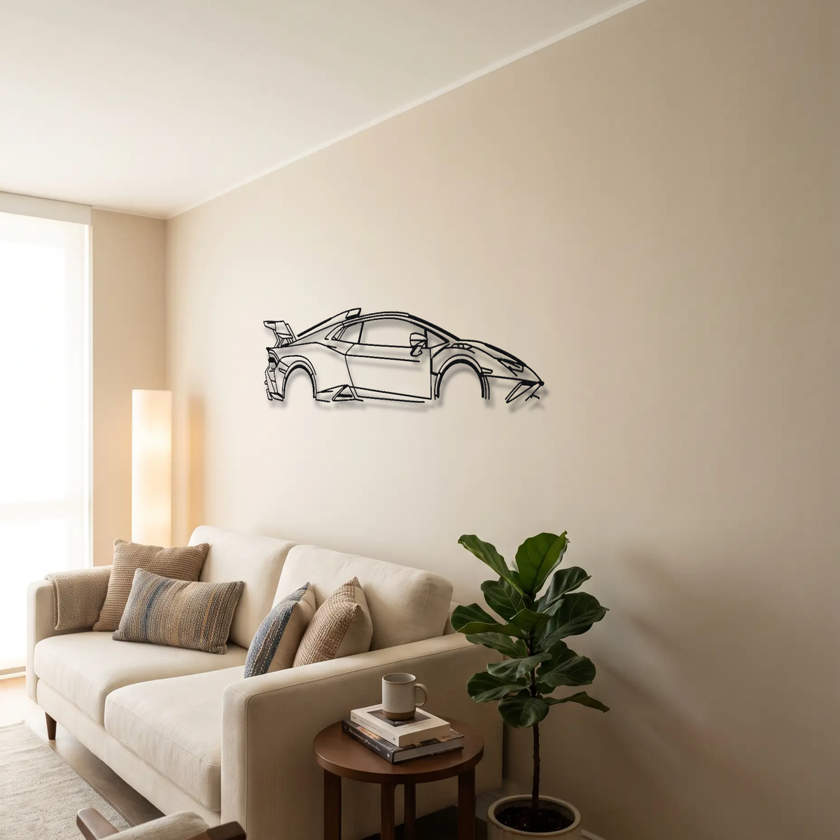 Lamborghini Huracán STO metal wall art above a sofa in a living room