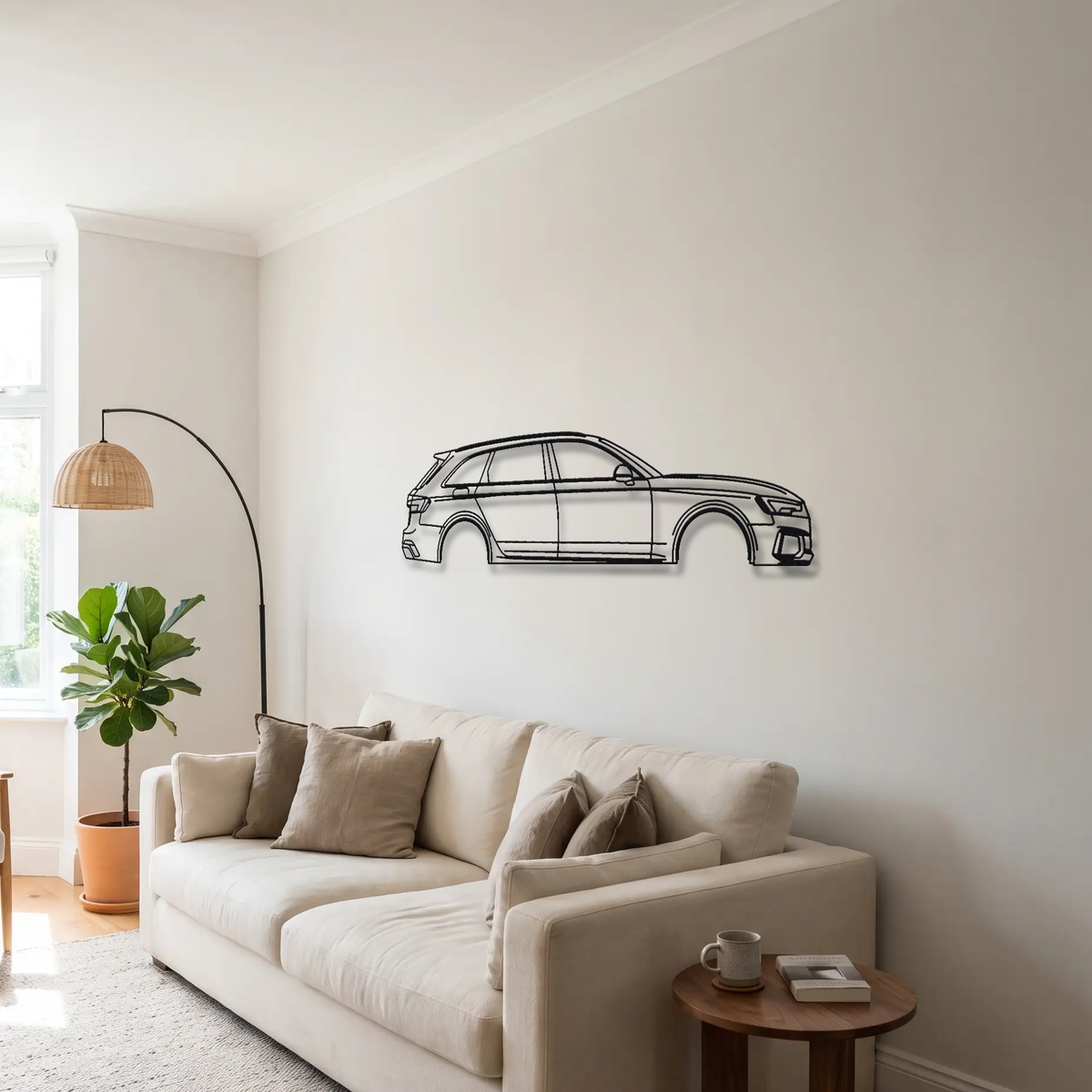 Audi RS4 Avant B9 metal wall art above a sofa in a living room