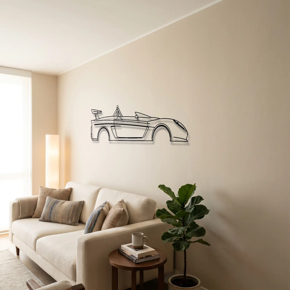 Lotus 2-Eleven metal wall art above a sofa in a living room