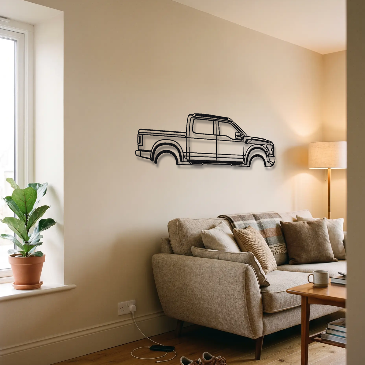 2021- Hennessey VelociRaptor 600 metal wall art above a sofa in a living room