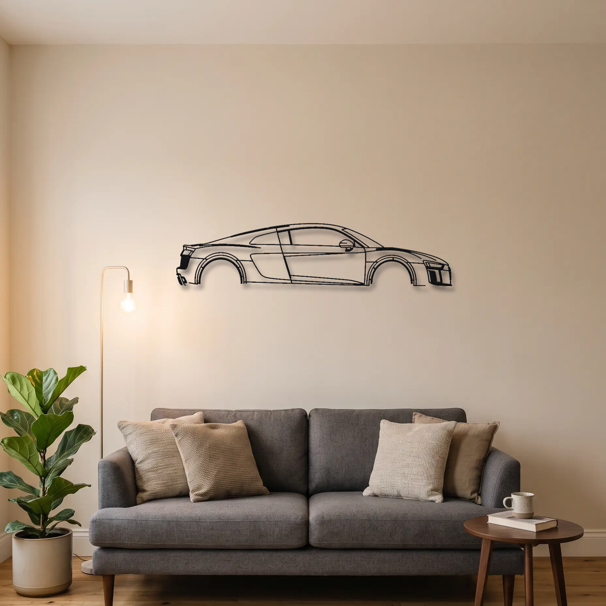 Audi R8 Gen 2 Type 4S metal wall art above a sofa in a living room