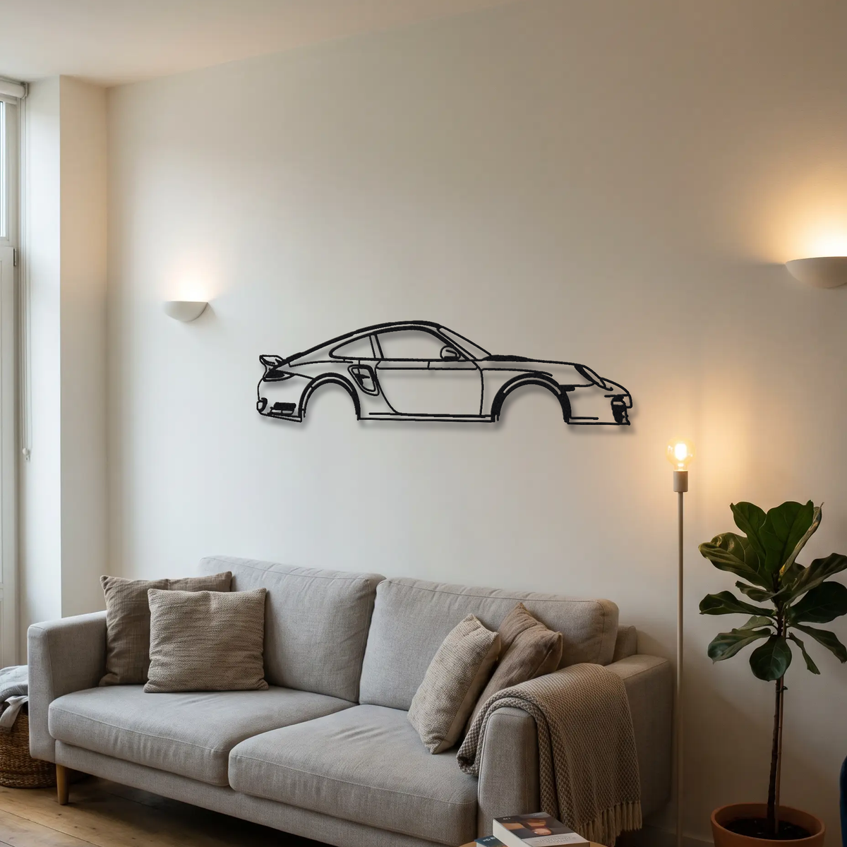 2010-12 Porsche 911 Turbo S 997.2 metal wall art above a sofa in a living room