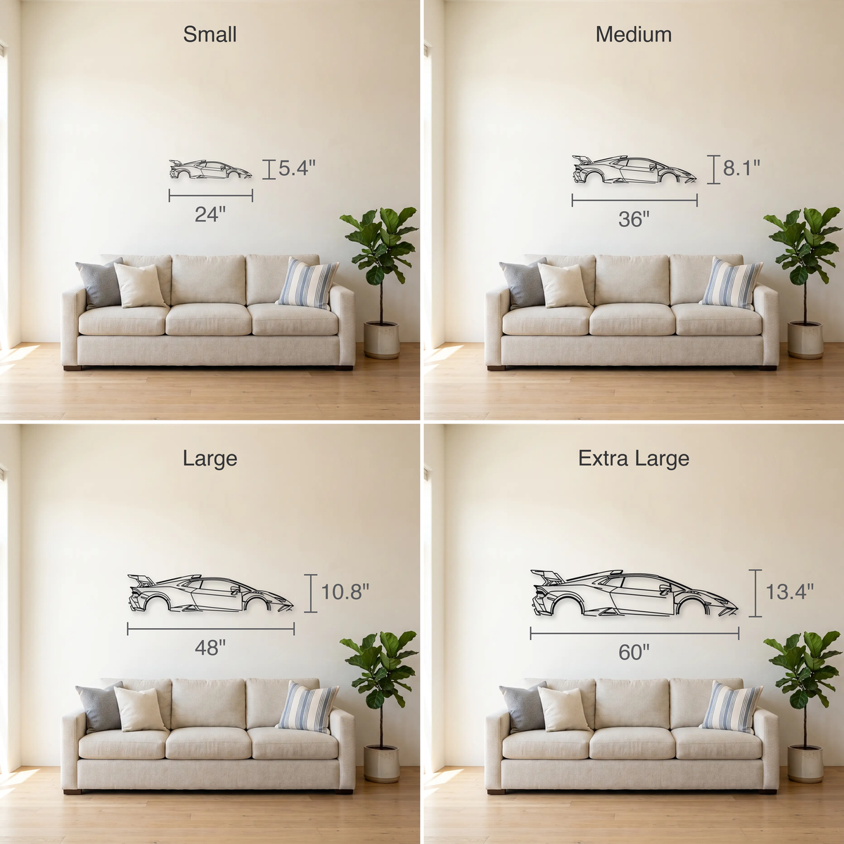Lamborghini Huracán STO size guide — all four sizes to scale