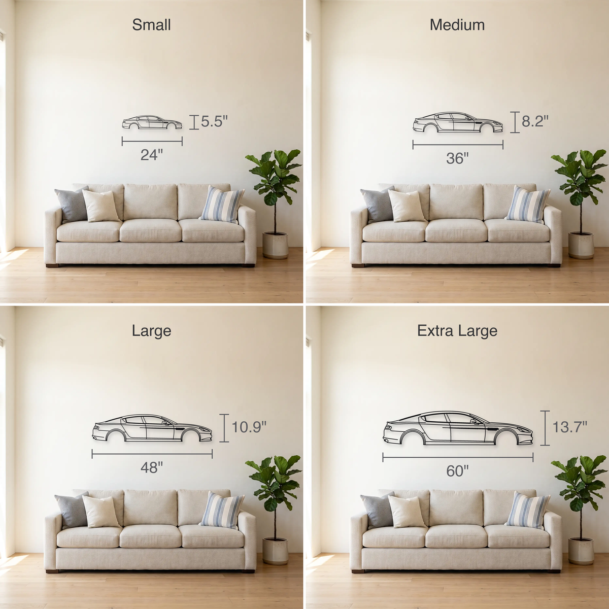 Aston Martin Rapide S size guide — all four sizes to scale