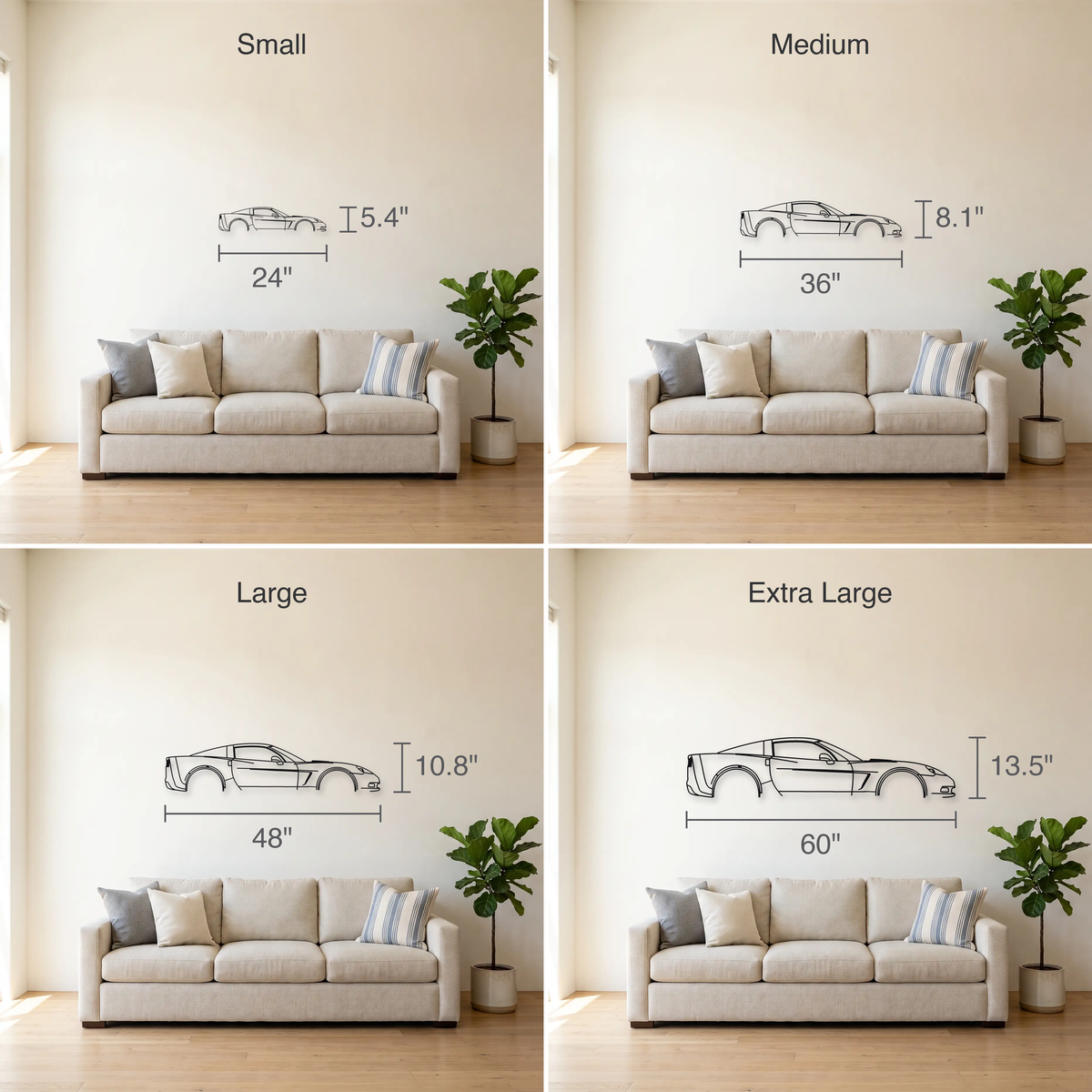 Chevrolet Corvette C6 size guide — all four sizes to scale