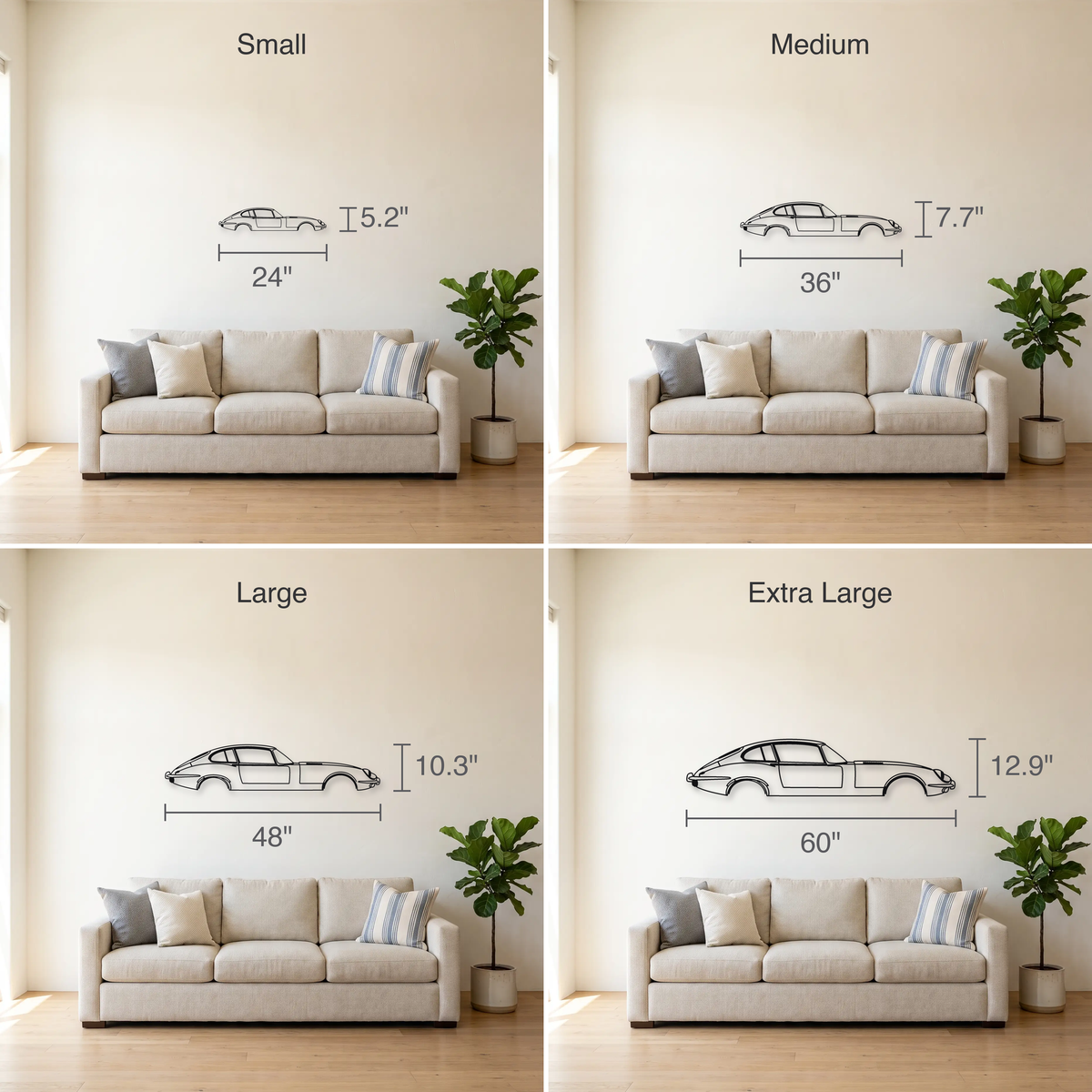 Jaguar E-Type Series 3 2+2 size guide — all four sizes to scale