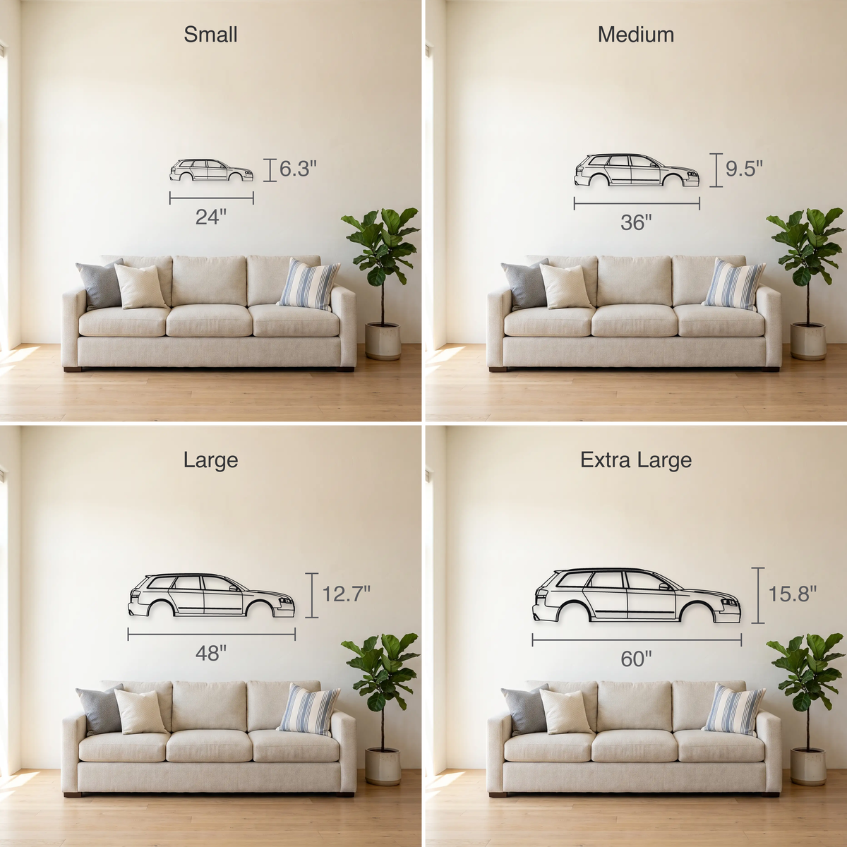 Audi RS4 B7 size guide — all four sizes to scale