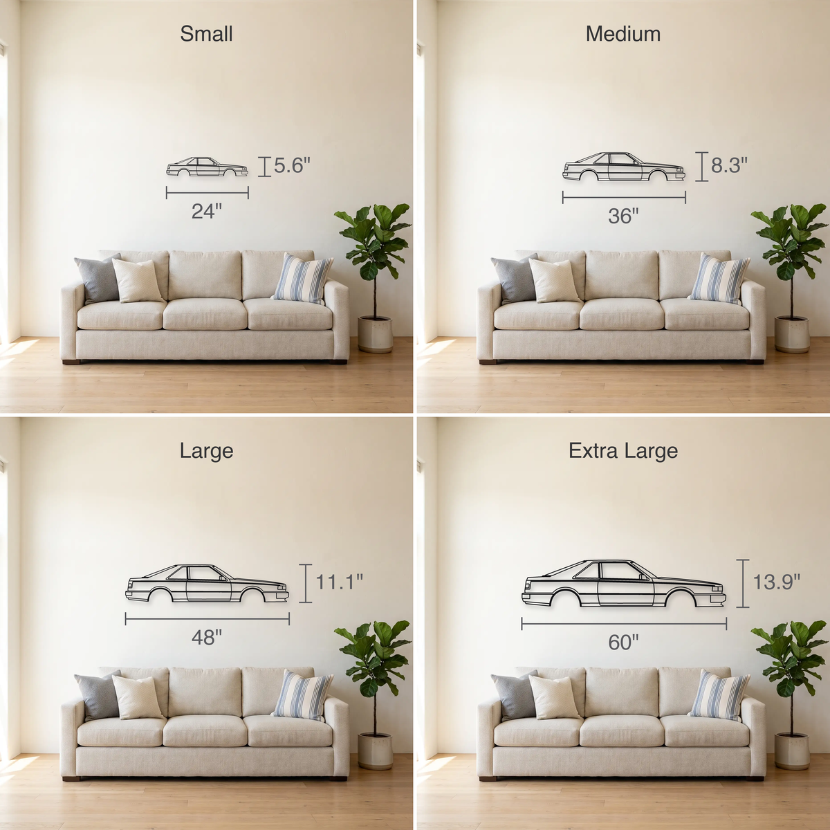 Nissan Silvia / 200SX S12 size guide — all four sizes to scale