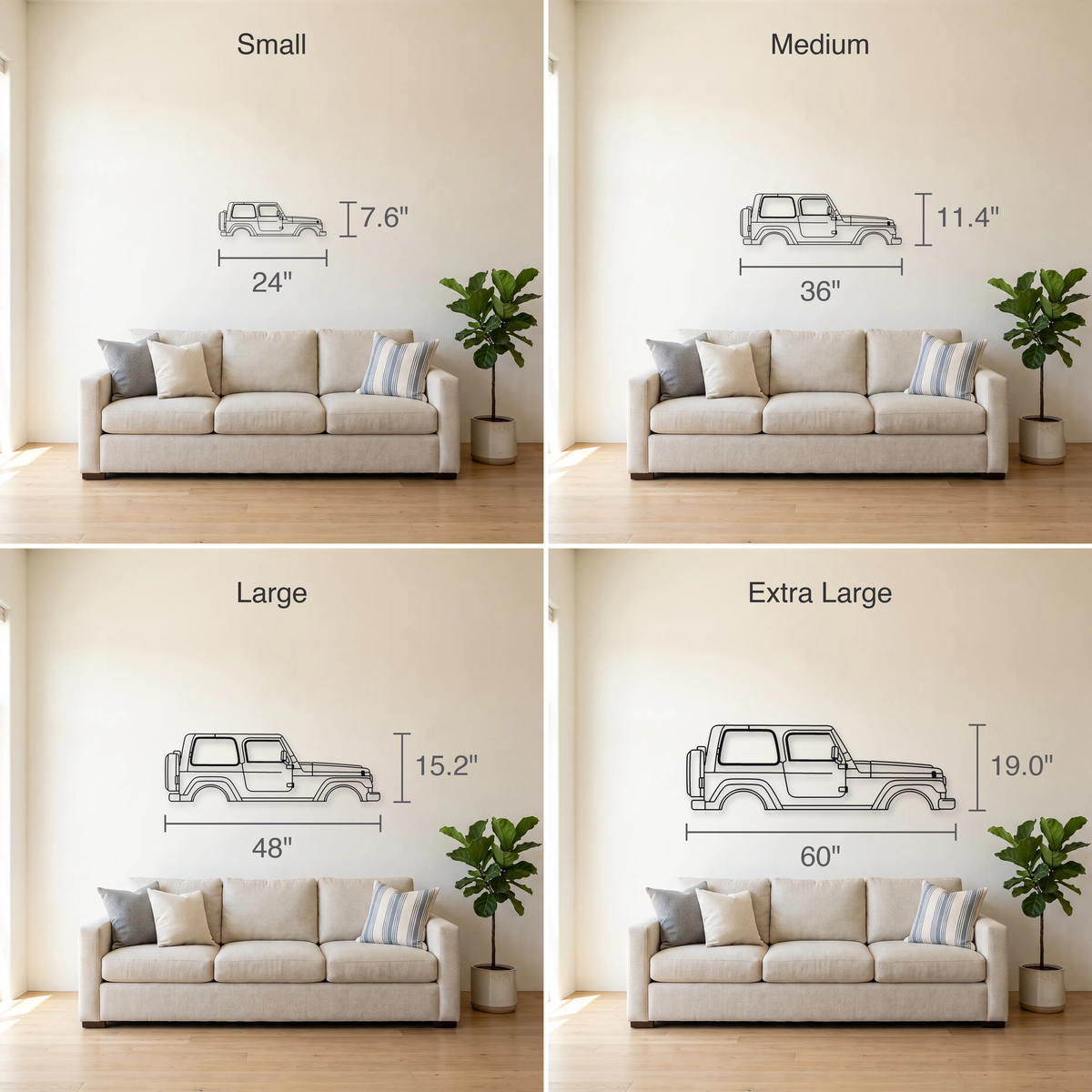 Jeep Wrangler TJ size guide — all four sizes to scale