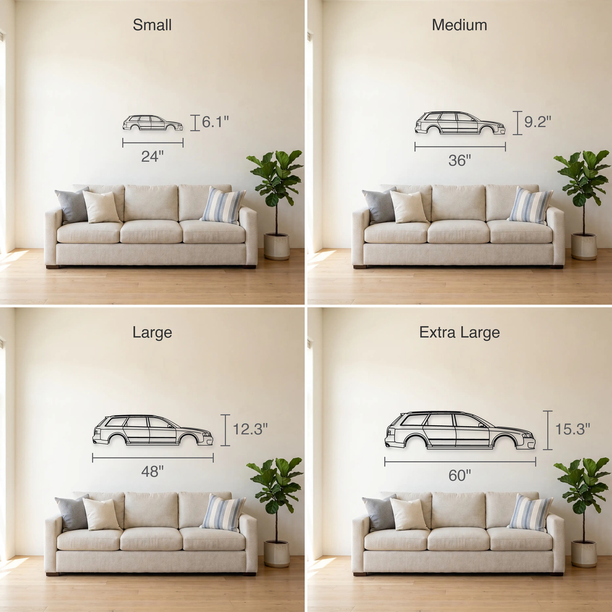 Audi RS6 Avant C5 size guide — all four sizes to scale