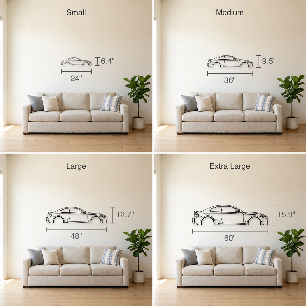 BMW M2 G87 size guide — all four sizes to scale