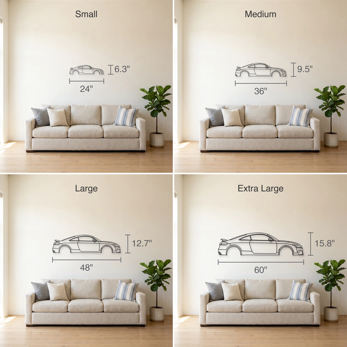 Audi TT RS 8J size guide — all four sizes to scale