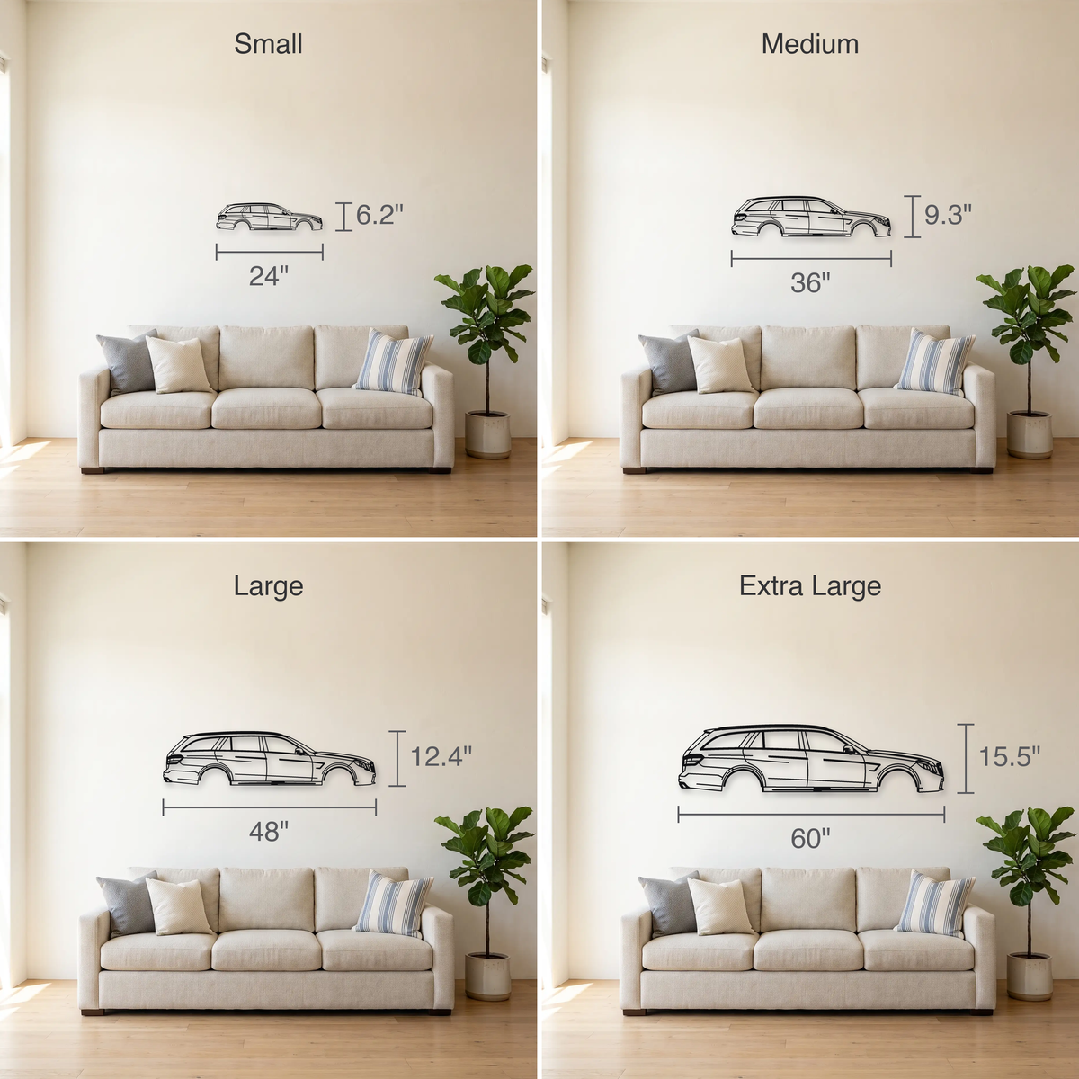 Mercedes-Benz E63 AMG Estate S212 size guide — all four sizes to scale