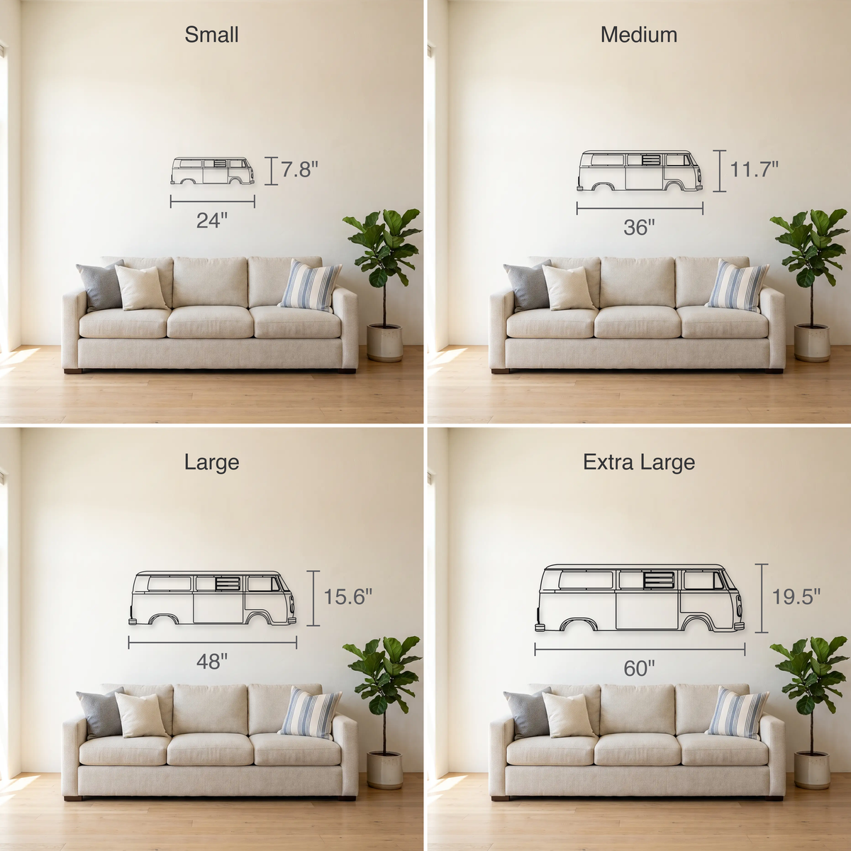 Volkswagen Type 2 Bus T2 size guide — all four sizes to scale
