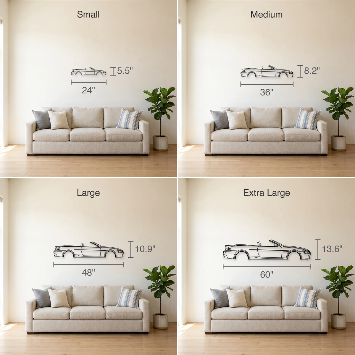 BMW M6 Convertible E64 size guide — all four sizes to scale
