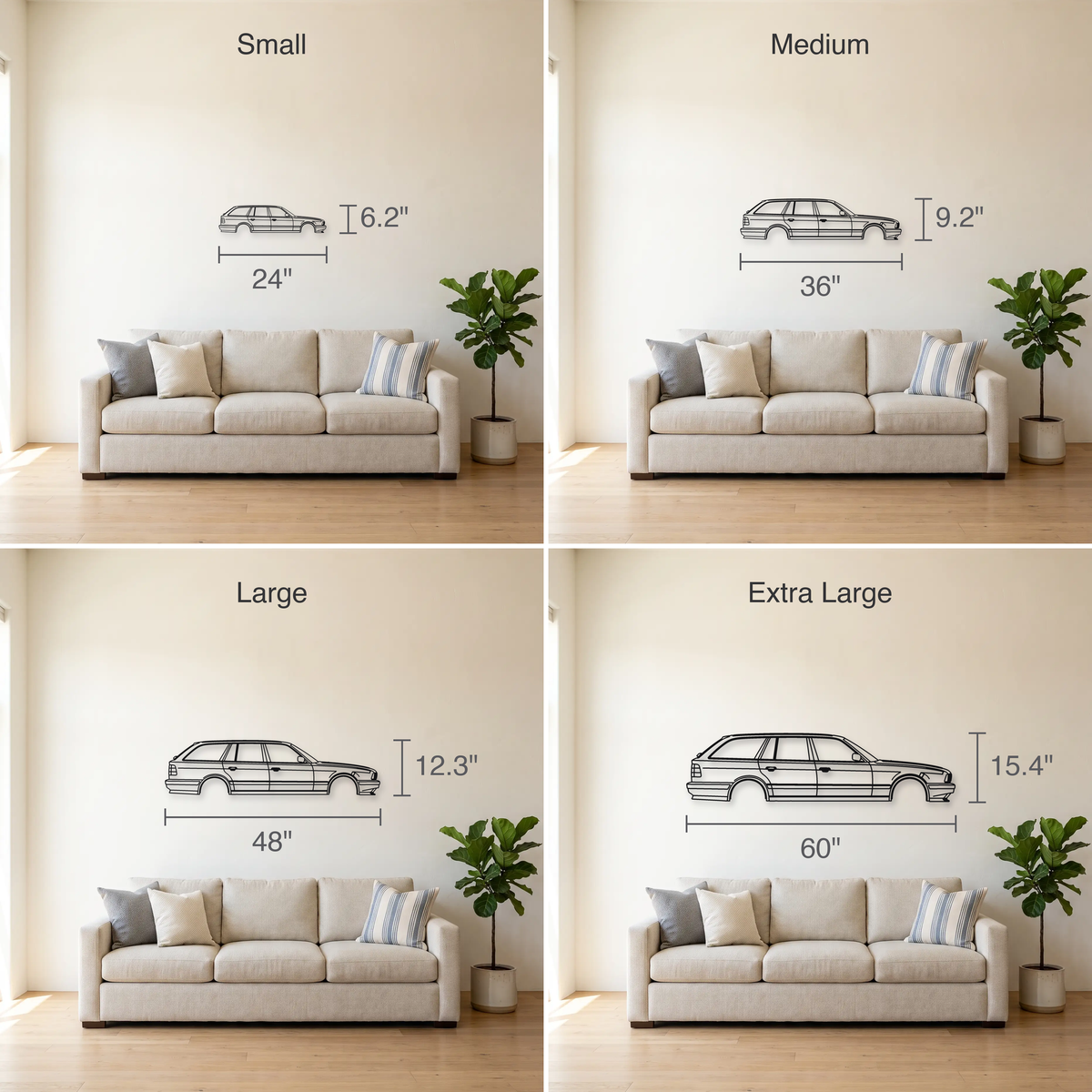 BMW M5 Touring E34 size guide — all four sizes to scale