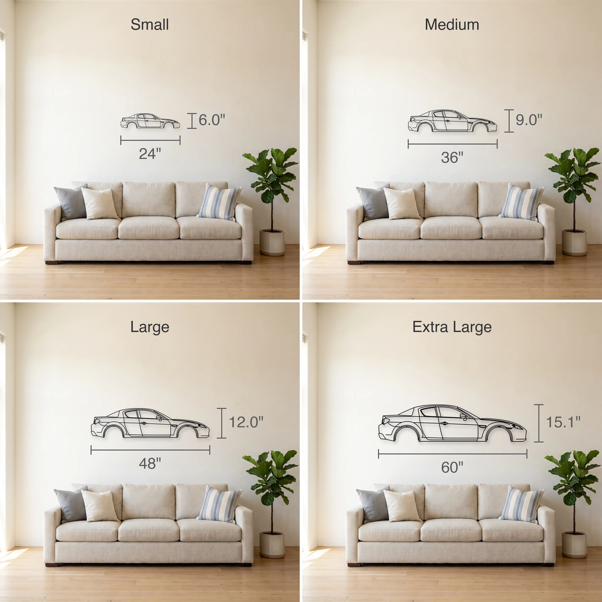 Mazda RX-8 SE3P size guide — all four sizes to scale