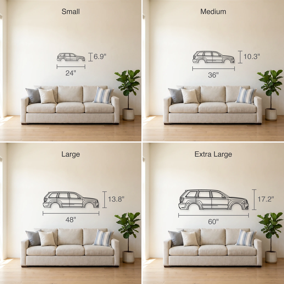 Jeep Grand Cherokee SRT8 WK size guide — all four sizes to scale