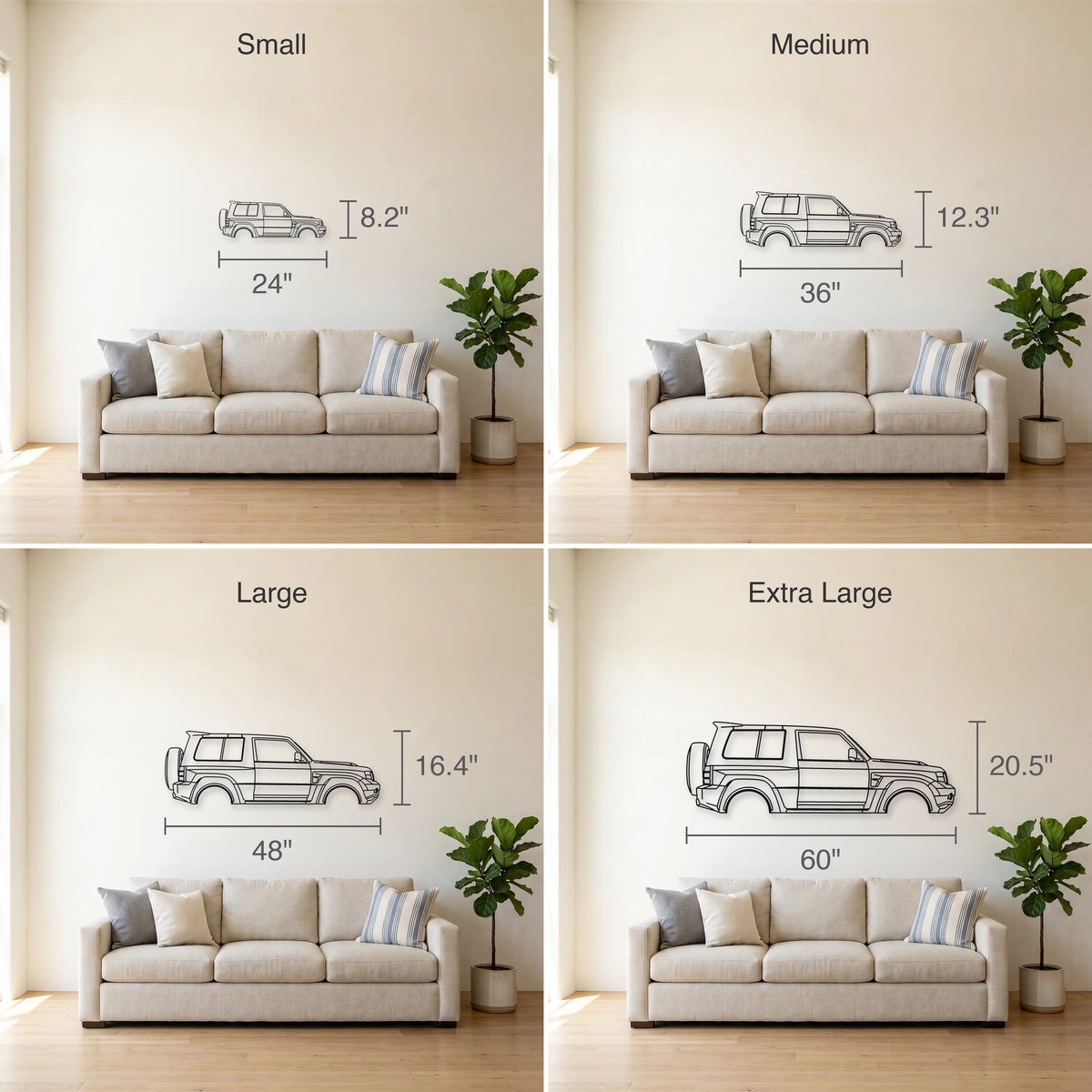 Mitsubishi Pajero Evolution size guide — all four sizes to scale