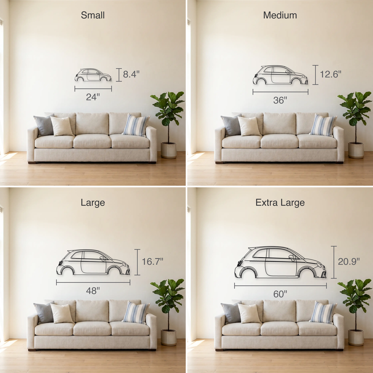 Fiat 500 Abarth size guide — all four sizes to scale