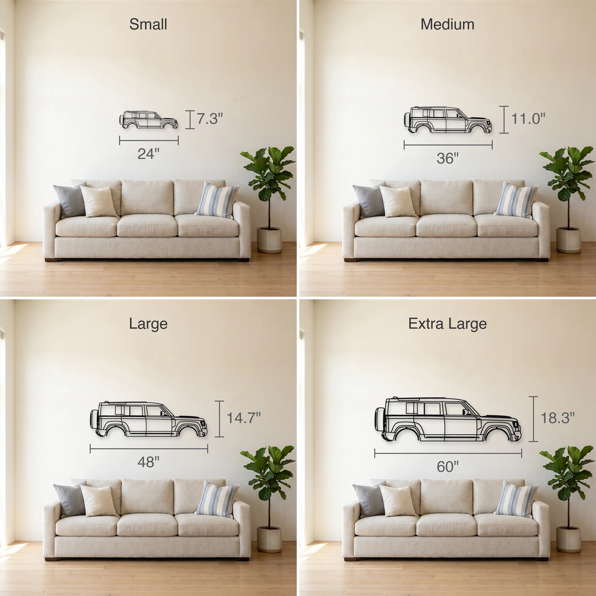 2025- Land Rover Defender OCTA L663 size guide — all four sizes to scale