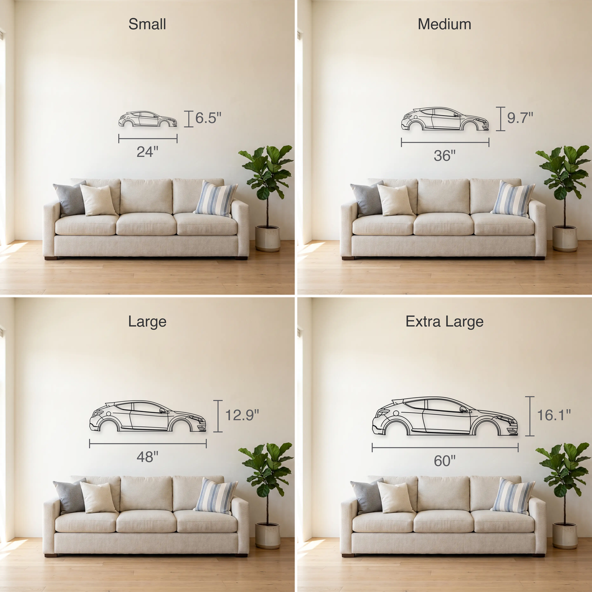 Renault Mégane RS MK3 size guide — all four sizes to scale