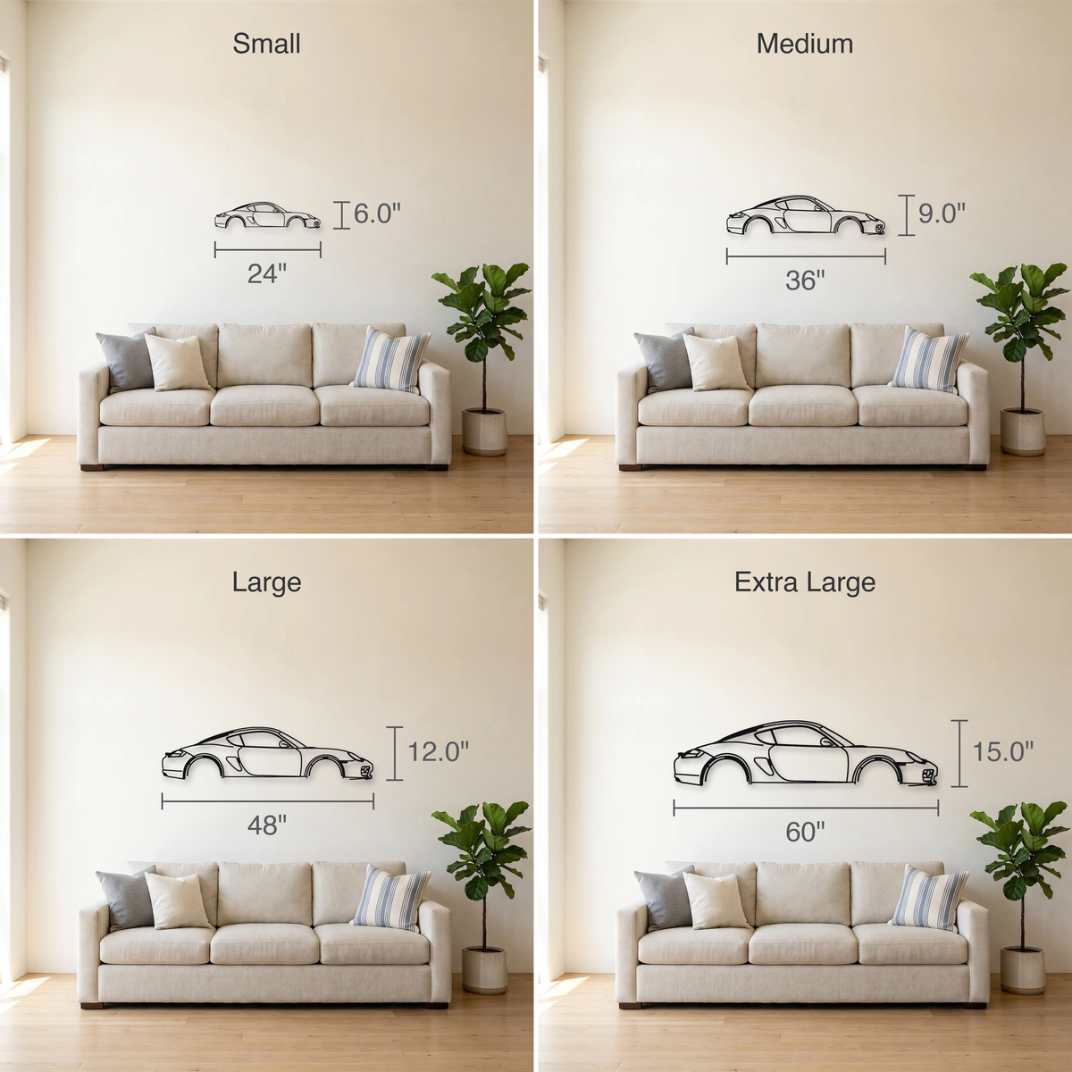 2006-12 Porsche Cayman S 987 size guide — all four sizes to scale
