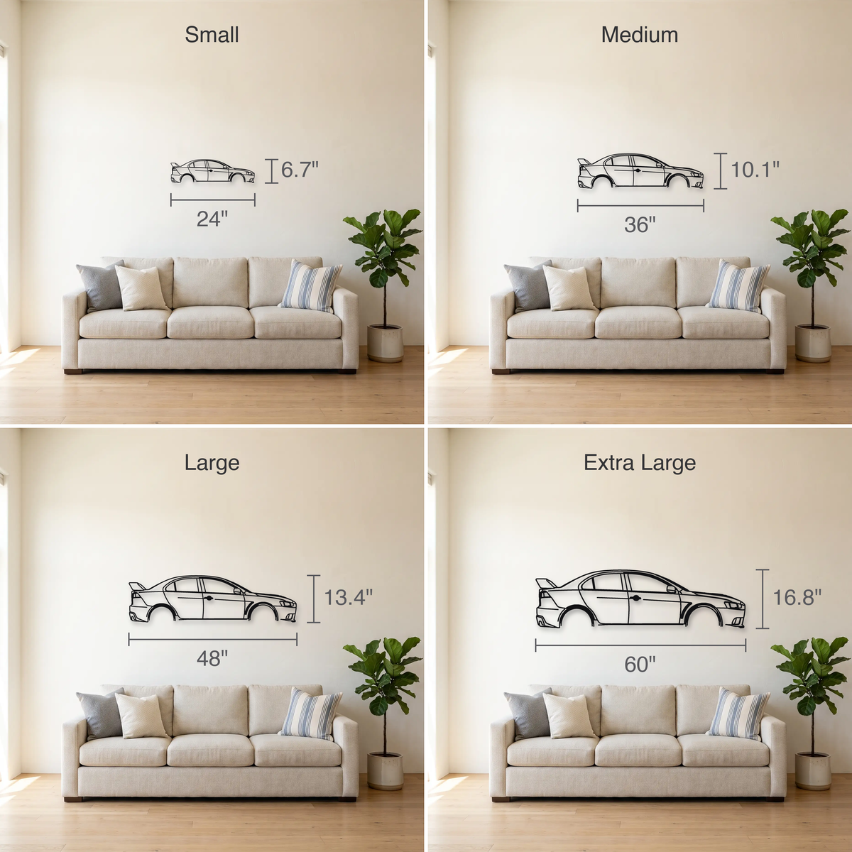 2008-14 Mitsubishi Lancer Evolution X MR CZ4A size guide — all four sizes to scale