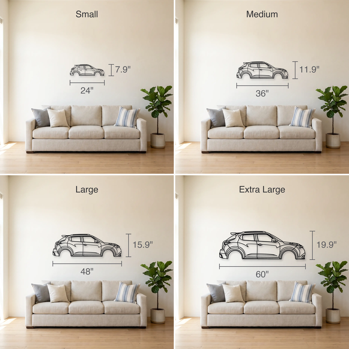 2012-15 Nissan Juke-R size guide — all four sizes to scale