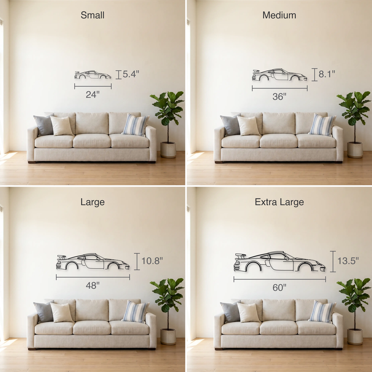 Porsche 911 GT1 Straßenversion size guide — all four sizes to scale