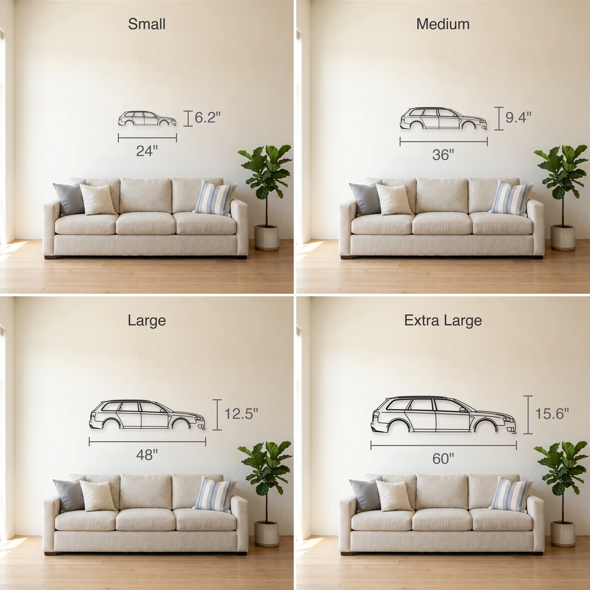 Audi RS4 Avant B7 size guide — all four sizes to scale