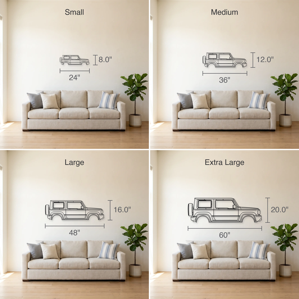 Suzuki Jimny JB74 Gen 4 size guide — all four sizes to scale