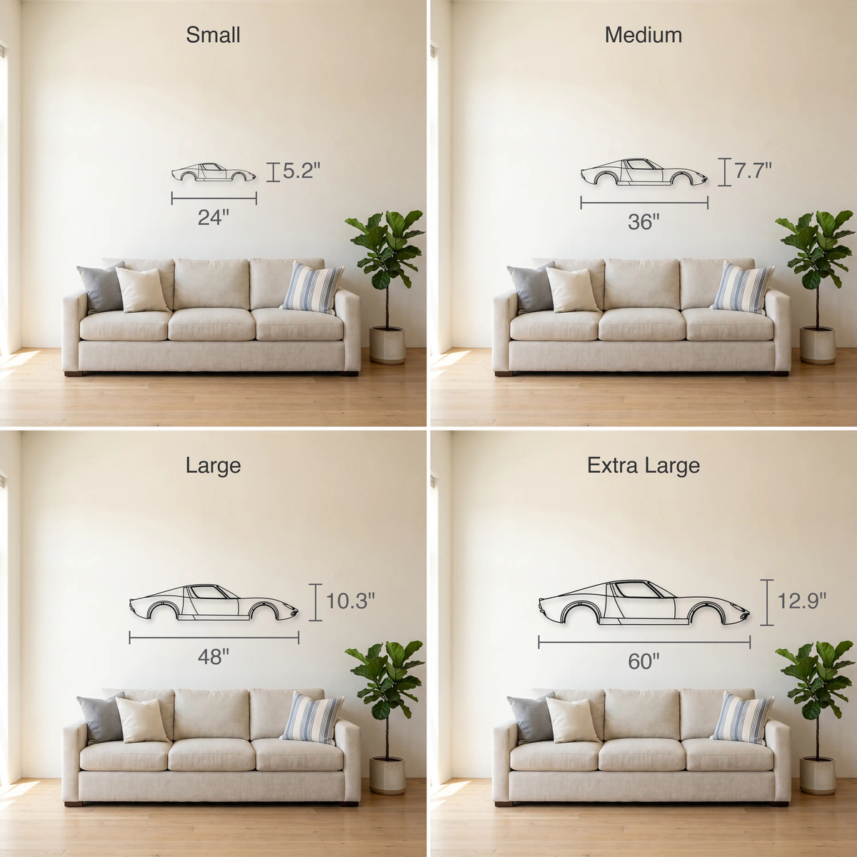 Lamborghini Miura P400/P400S size guide — all four sizes to scale