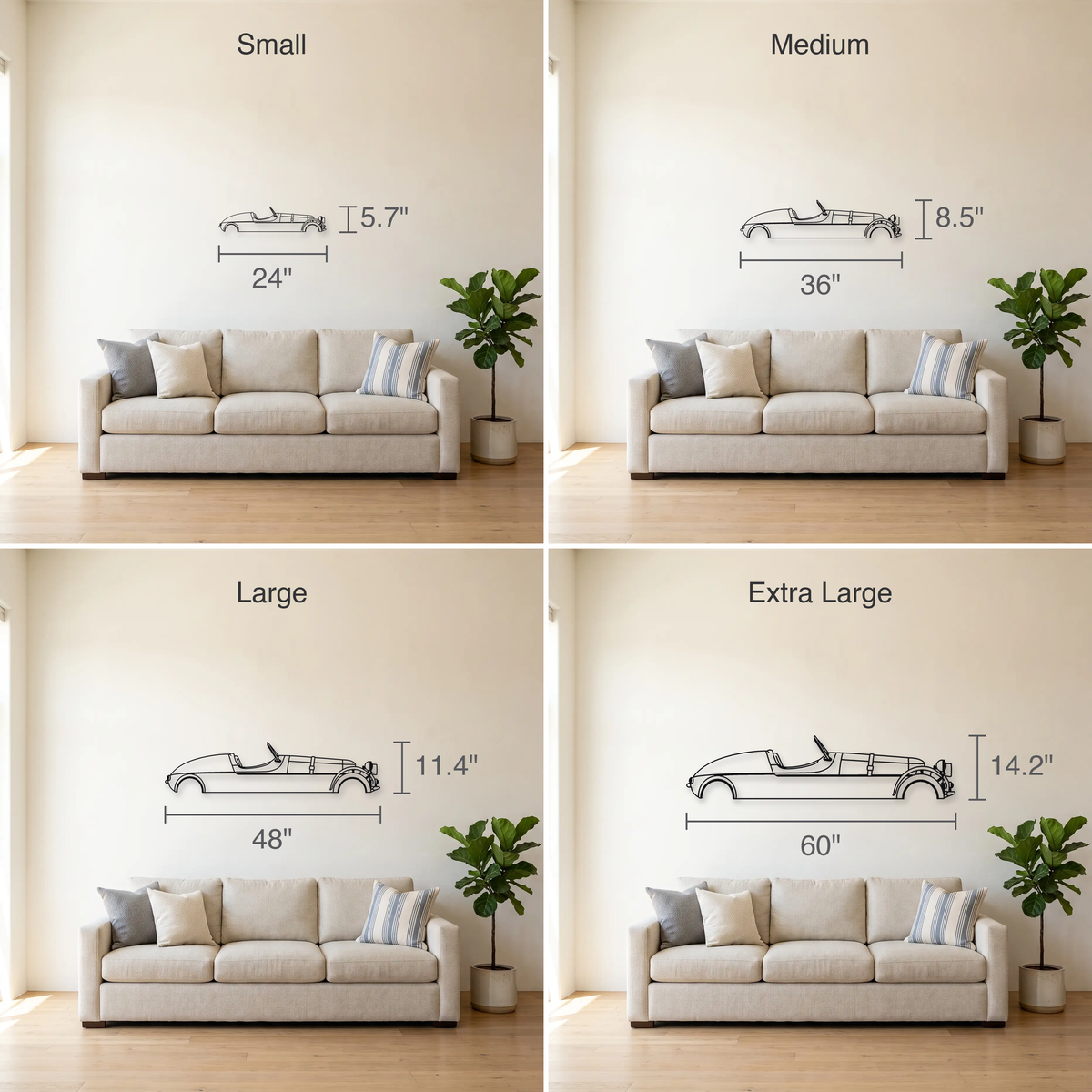 Morgan 3 Wheeler size guide — all four sizes to scale