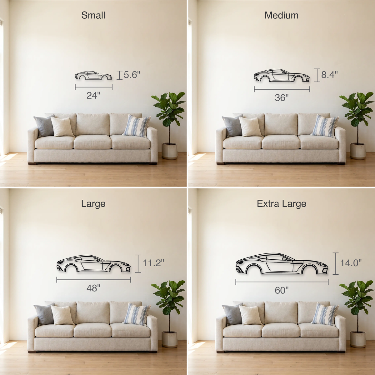 2011-13 Aston Martin V12 Zagato VH size guide — all four sizes to scale