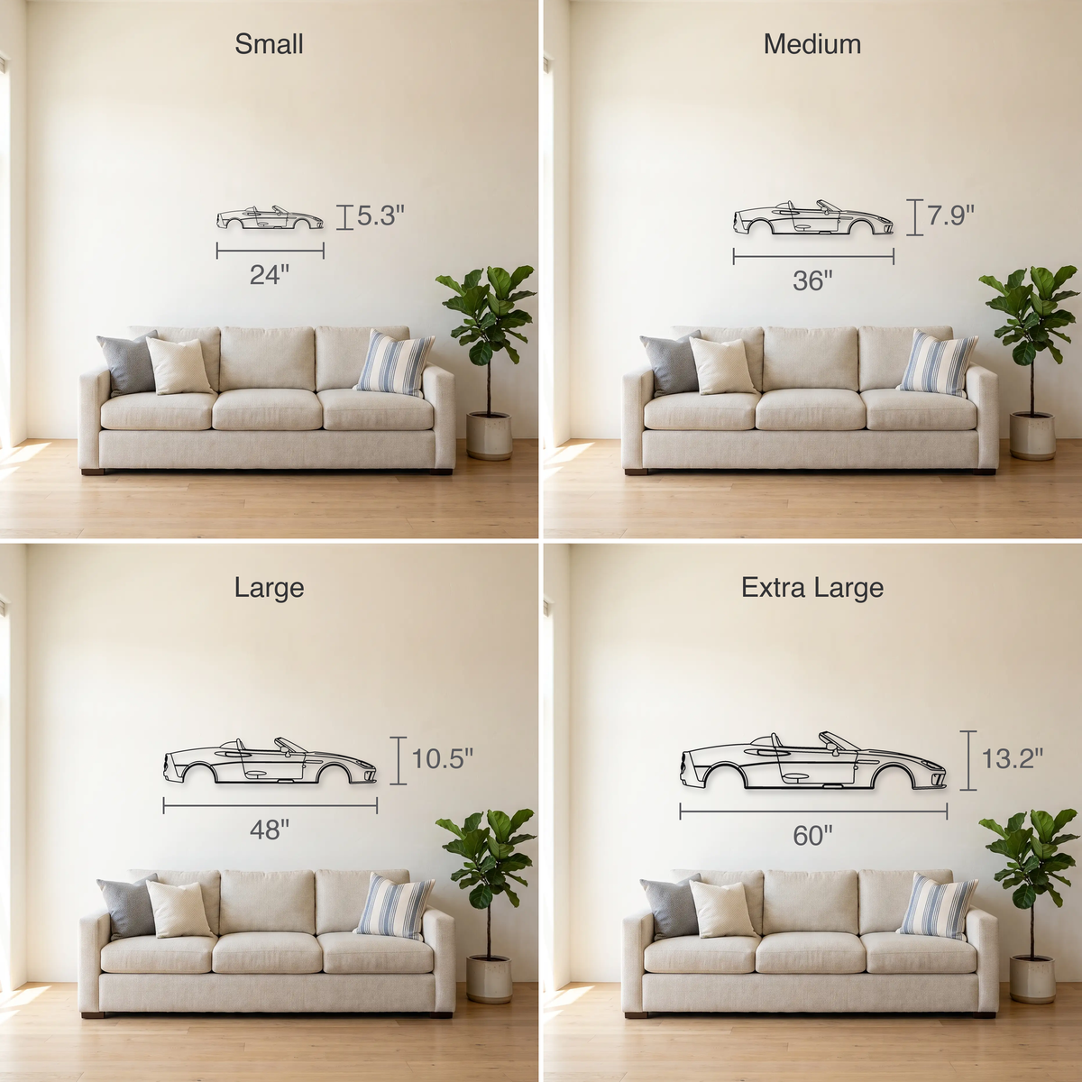 Spyker C8 Spyder size guide — all four sizes to scale