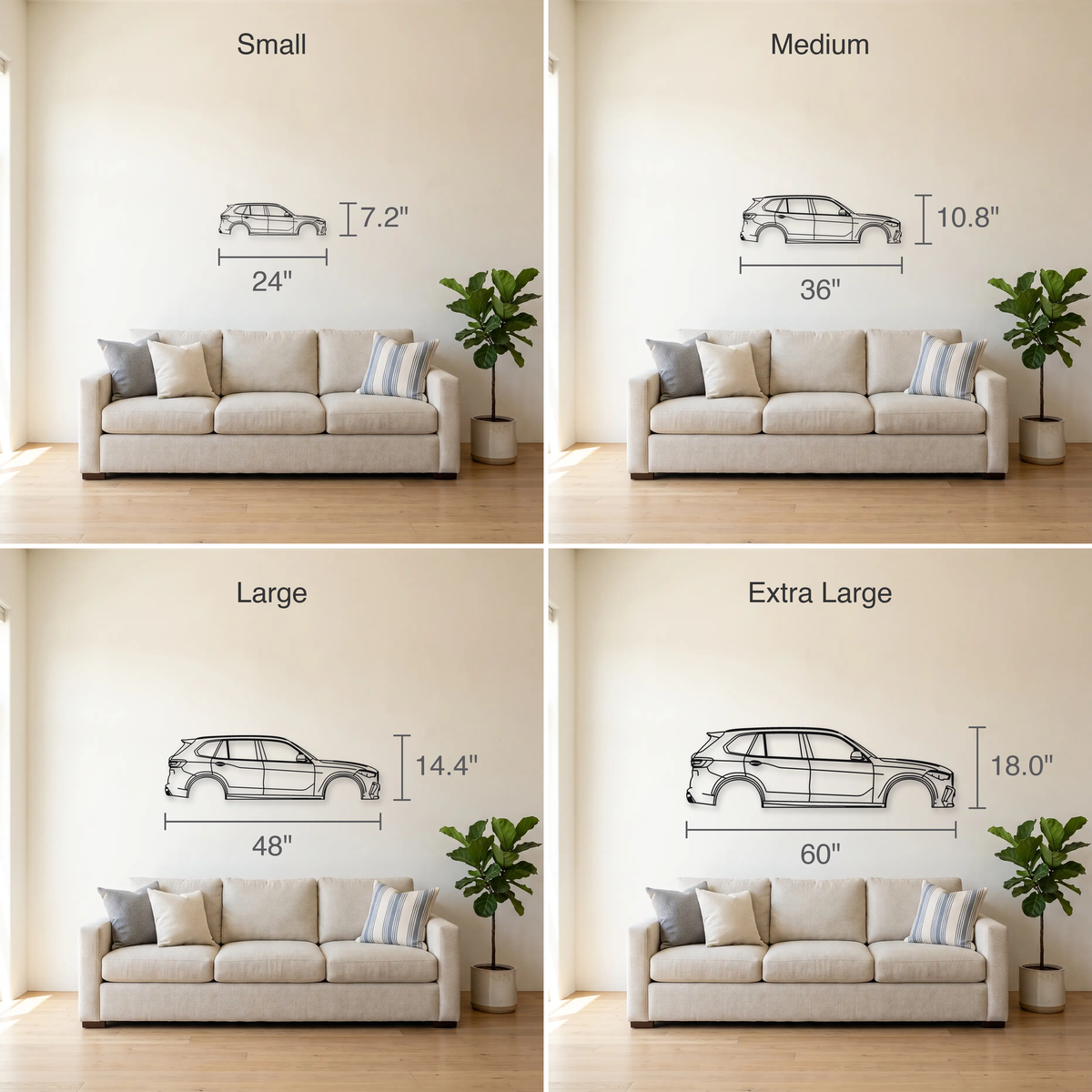 BMW X5M F95 size guide — all four sizes to scale