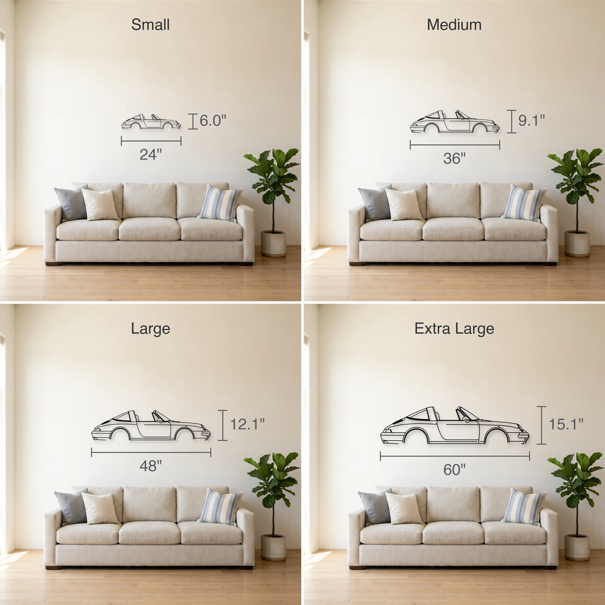 Porsche 911 Targa 993 size guide — all four sizes to scale